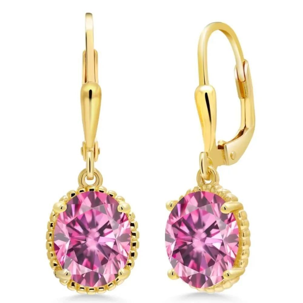 18K Yellow Gold 925 with 4.00 Cttw Pink Moissanite Oval Leverback Hook Earrings